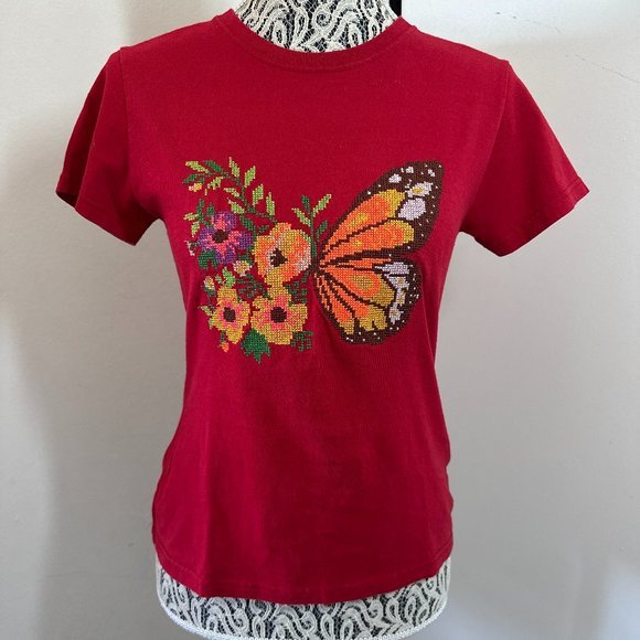 Tops - HANDMADE Women's Embroidered Butterfly Garden Red Small‎ T-Shirt Y2K Baby Tee.